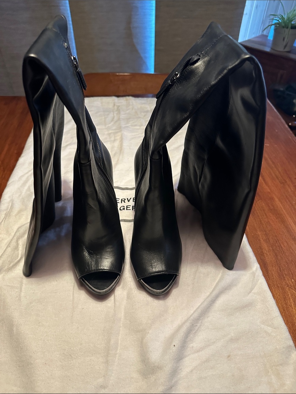Herve Leger Vero Cuoio Black Leather Over-the-Knee Peep-Toe Stiletto Boots - Picture 5 of 6